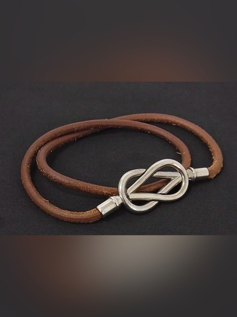 HERMES Atame Metal/Leather Double-Strand Bracelet Choker Silver/Brown GUC 3.5”